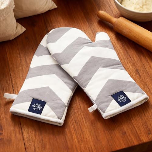 Image of Encasa XO Extra Long 18x35 cm Microwave Oven Gloves Mitts (2 pcs) for Kitchen Cooking - ZZ Grey - Heat Resistant, Thick & Safe, Protection of Hands from Hot Utensils, Gas Flame, Grill, Barbecue