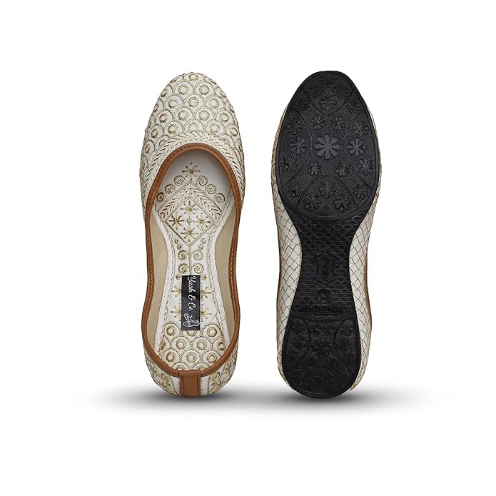 YASH & CO. Embroidered Embellished Jutti Mojari | Hand Crafted Women Jutti | Women Ethnic and Traditional Mojari Jutti | Elegant and Comfortable Jutti Bellies White3