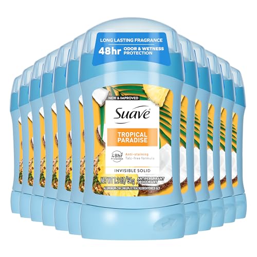 Suave Antiperspirant Deodorant For Women Invisible Underarm Deodorant 48hr Odor & Wetness Protection Long Lasting Tropical Fragrance Sensitive Skin Deodorant Solid Stick 1.2 oz (12 Bulk Pack)