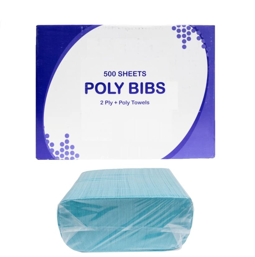 Dry Back Bib Towels 2 Ply Paper 1 Ply Plastic - Blue “13 x 8” Waterproof Maximum Absorbency Disposable Used in Dental Offices, Spas, Tattoo Parlor, & Nail Salons (500)