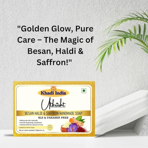 Image of Khadi Besan Haldi & Saffron Handmade Bathing Soap Bar 125g | Natural & Herbal | Moisturizing, Glowing & Brightening Skin | For Acne & Pimples | All Skin Types | For Men & Women