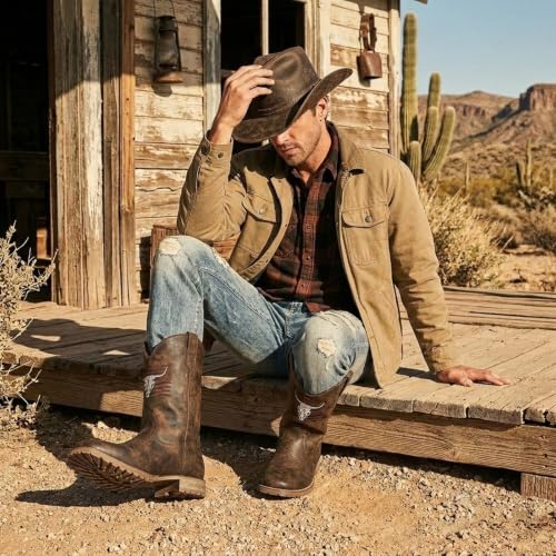 Image of JASONSTAR Western Cowboy Boots for men, Vintage Distressed Brown Square Toe Mid-Calf Boots with Longhorn Skull American Flag Embroidery, Non-Slip Rubber Sole Comfortable for Riding Outdoor Daily Wear