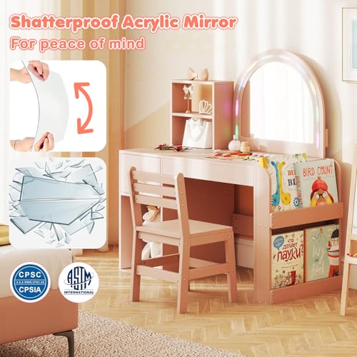Image of HONEY JOY Kids Vanity with Lights and Open Bookshelf, Princess Makeup Dressing Desk, Storage Cabinet, Wooden Pretend Play Toddler Vanity Table & Chair Set with Lighted Mirror for Little Girls (Pink)