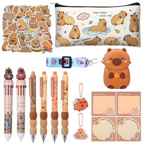 Vyuwast Capybara Federmäppchen Schreibwaren Set mit Schlüsselanhänger Haftnotizen Sticker und Kugelschreiber Capybara Geschenke für Mädchen Jungen Geburtstag Einschulung Schulanfang