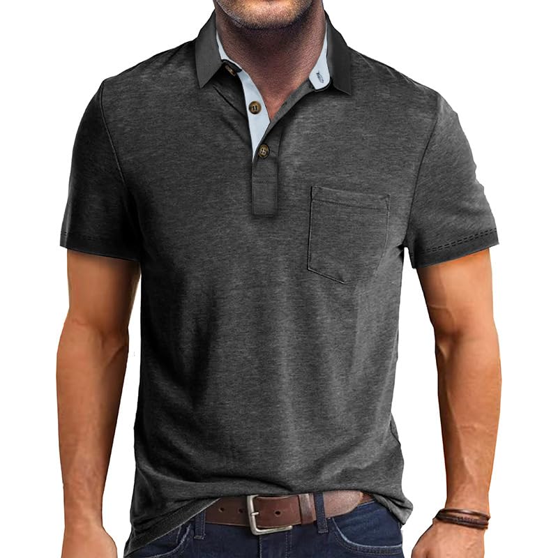 Image of Men's Short Sleeve Polo Shirts Buttons Collared T Shirts with Pocket