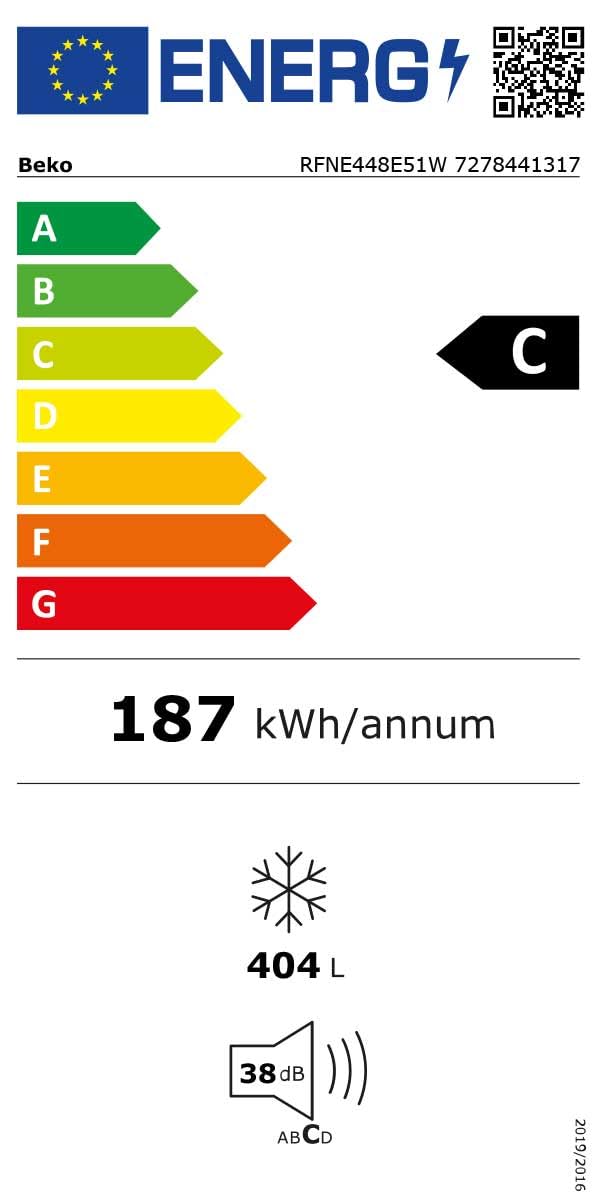 Beko RFNE448E55W - Congelatore, volume netto da 404 l, senza gelo, funzione congelatore rapido, display multifunzione, 6 cassetti congelatore + 2 scomparti, 36 dB (A), utilizzabile in ambienti non