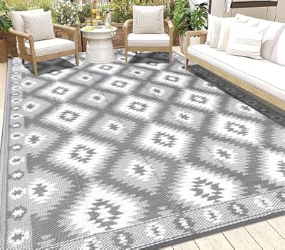 HEBE Outdoor Rug for Patios Clearance 6'x9' Waterproof Reversible Patio Mat Plastic Outside Camping RV Rug Geometric Area Rugs Carpet for RV,Patio,Deck,Balcony,Camper,Porch,Tent