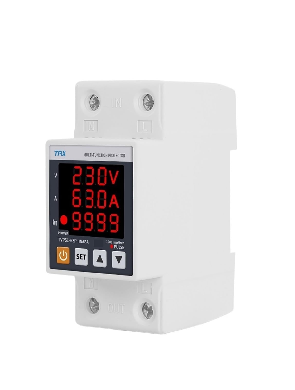 NUZEZCJG 3IN1 Display Din Rail Adjustable Over Under Voltage Surge Protector Relay Over Current Protection Kwh Power Meter 230V 63A