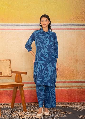 Image of LABEL ADRIJA Floral Print Pure Cotton Tunic Shirt Pant Cord Set Kurta Pant Set for Women