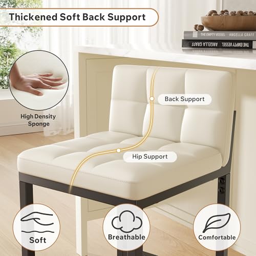 Image of 24 inch Bar Stools Set of 2, Modern Faux Leather Counter Height Bar Stools with Low Back and Footrest, Sturdy Thickened Metal Leg, Upholstered Kitchen Bar Chairs for Island, Beige