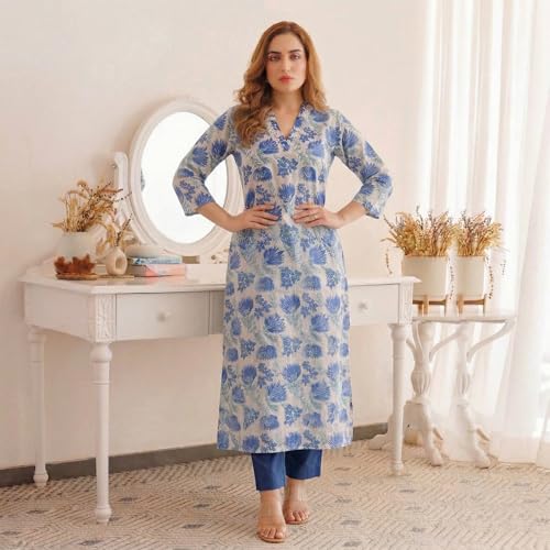 Image of ANNI Designer Kurta Set for Women Erode Rayon Printed | Kurti Set for Woman | Kurta Pant 2 Piece Outfit | V Neck 3 /4 Sleeve Regular Fit Ethnic Dress Stylish Kurta Sets for Women Clothing