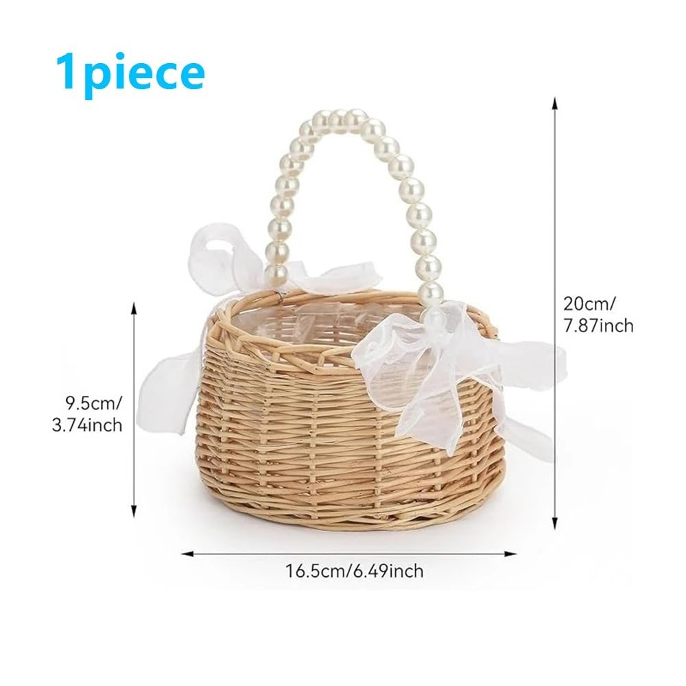 1 Stück brauner Weiden-Rattan-Blumenkorb, handgewebter Hochzeits-Weidenkorb mit Perlengriff und Schleife