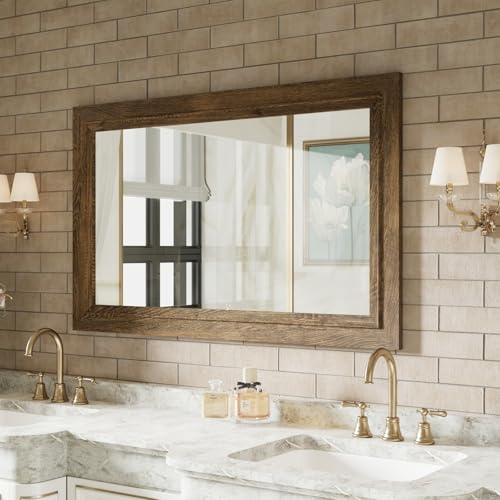 Rustic Wall-Mounted Vanity Mirror, Solid Wood Frame Bathroom Mirror, Farmhouse Style for Living Room, Bedroom, Entryway, Horizontal/Vertical Hanging