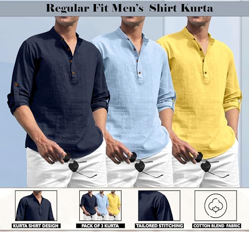 Image of Zombom Combo of Men's Solid Cotton Polyester Blend Full Sleeve Mandarin /Chinese Collor Straight Kurta Shirt (Pack of 3)