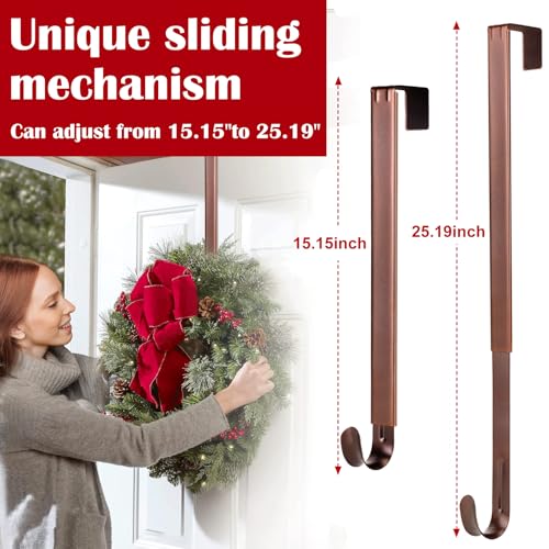 Image of 2 Pack Wreath Hanger for Front Door, 20 lbs Christmas Wreath Door Hanger | Non Scratch Over the Door Hooks for Xmas Easter Halloween Fall Wreaths Decor Welcome Sign, Adjustable from 15 to 25 inch Hangers