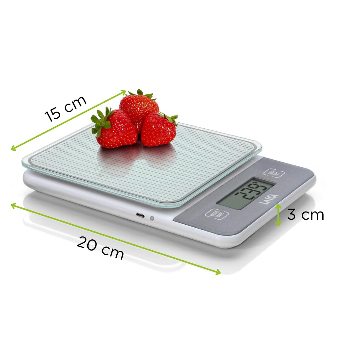 Bilancia elettronica da cucina LAICA, bilancina digitale, per cucinare, in grammi o once, display LCD ad alta precisione in vetro temprato, funzione Tara, ricaricabile - Portata di 5 kg