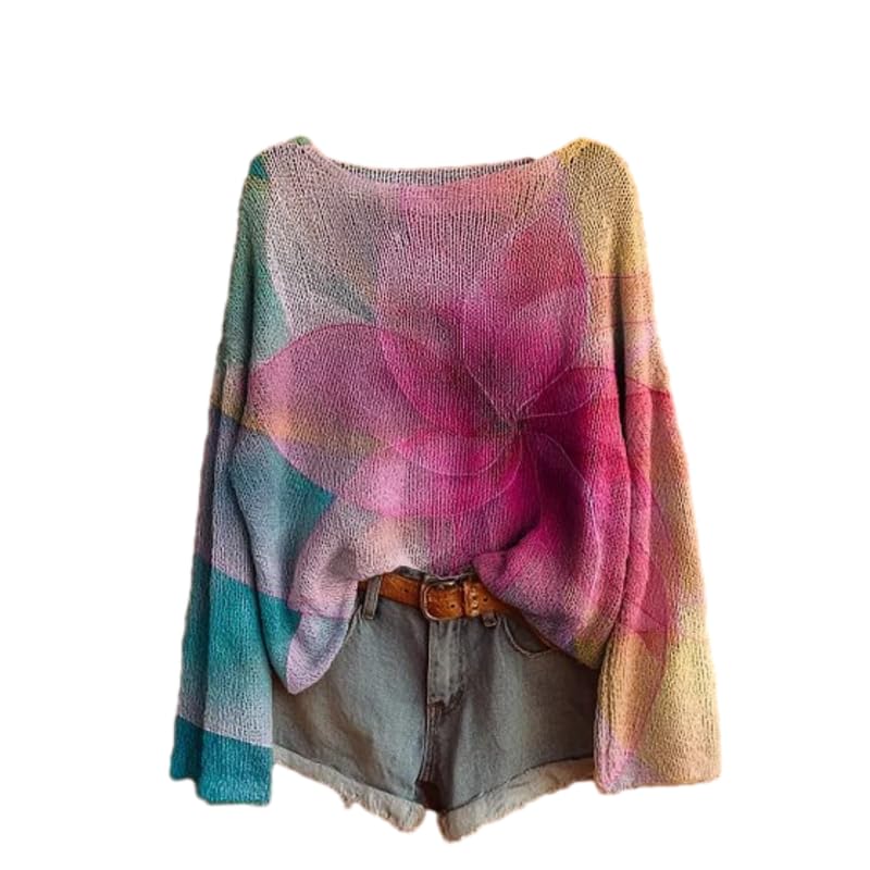 Womens Bohemian Crewneck Sweater Colorful Printed Long Sleeve Pullover Casual Oversized Knit Top for Fall Winter 2025