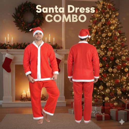 Image of PoPo Toys Santa Claus Costume for Christmas Adults Extra Large | Can Fit Any Individual | Red Santa Suit with Coat, Pant, Hat & Bag | Xmas Party & Fancy Dress Outfit Size 8 /XL