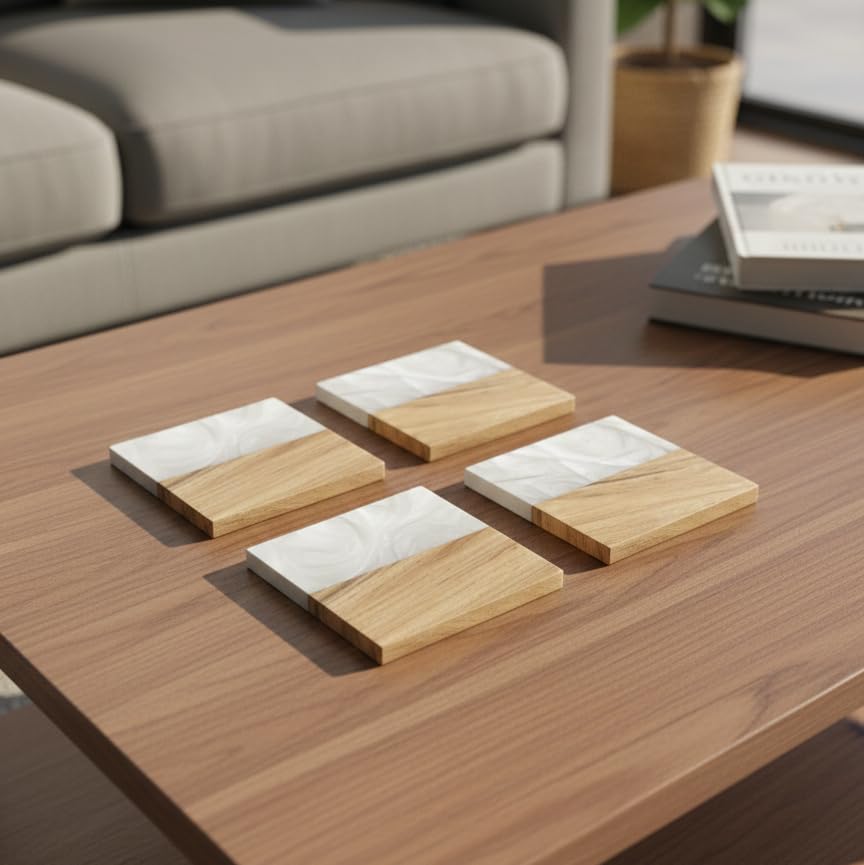 Car-O-Bar Wood & Resin Coasters for Drinking Glasses -Set of 4 Natural Acacia Wood & Resin Coasters for Coffee,Tea & Drinks | Anti-Slip Coasters