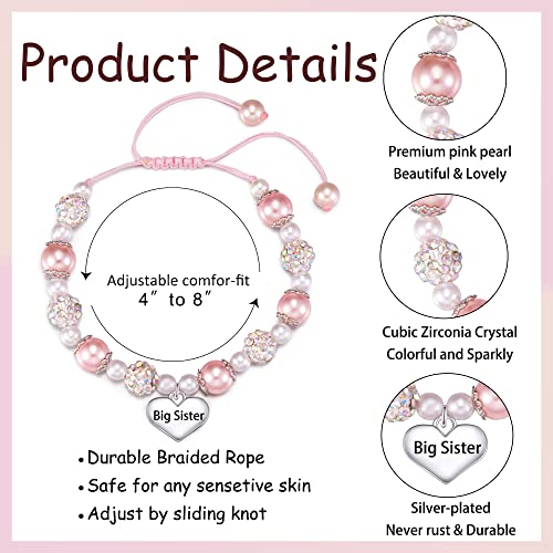 Jeka Rhinestone Ball Bracelets for Girls, Pink Pearl Heart Charm Bracelets Back to School Mothers Day Jewelry Gifts for Daughter Granddaughter Niece Big Sister Girls2