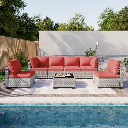 Image of Outdoor PE Wicker Rattan Modular Patio Sectional Sofa Set | 7-Piece: 6 Modular Seats & Coffee Table with Thick Cushions, Red