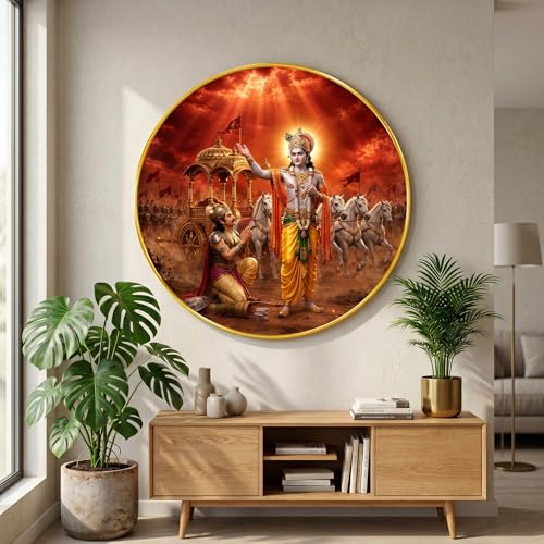 Image of SAF Bhagavad Gita Krishna Arjuna Wall Art with PVC Round Frame | Sparkle Laminated Mahabharat Kurukshetra Divine Painting | Spiritual Wall Decor for Home Temple Living Room Office Gift