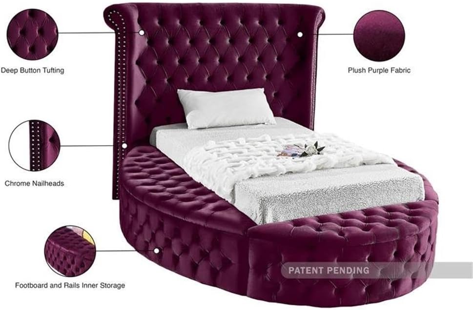 BOWERY HILL Contemporary Twin Bed, Deep Button Tufted Purple Velvet, 71.5" W x 93.5" D x 56" H, Tall Headboard with Nailhead Trim, Round Frame with Storage, Stylish Bedroom Furniture
