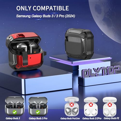 Image of Galaxy Buds 3 Pro /3 /3 FE Case Cover with Phone Stand&Lock Clip, Shockproof Samsung Galaxy Buds 3 FE /3 /3 Pro Protective Hard Cover Shell with Carabiner&Cleaner kit for Men Women, Black /Red