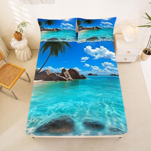 Image of jejeloiu Ocean Beach Bed Sheets Sets Full Size Kids Boys Girls Blue Sky Sea Bedding Set Tropical Palm Trees Bed Sheet Set with 16-Inch Deep Pockets 4Pcs with 2 Pillow Cases