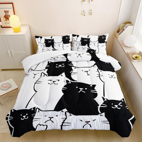 Nttopship Black White Cat Comforter Bedding Set with 2 Pillowcase Full Size Cartoon Cat Comforter Set for Kids Boys Girls Bedroom Decor