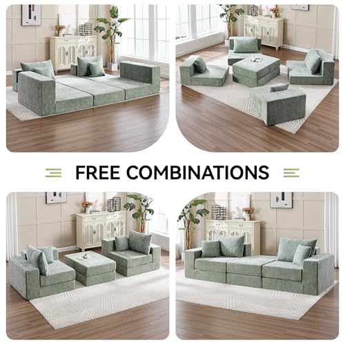 Image of 79 inch Boneless Loveseat Sofa Couch, Modular Foldable Floor Cloud Sofa with Ottoman, Lounge Convertible Sofa Bed for Living Room, No Assembly, Chenille Green