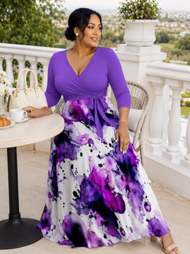 Image of SUZONANA Plus Size Dresses for Women Print Maxi Dresses Flowy 3 /4 Sleeve with Belt