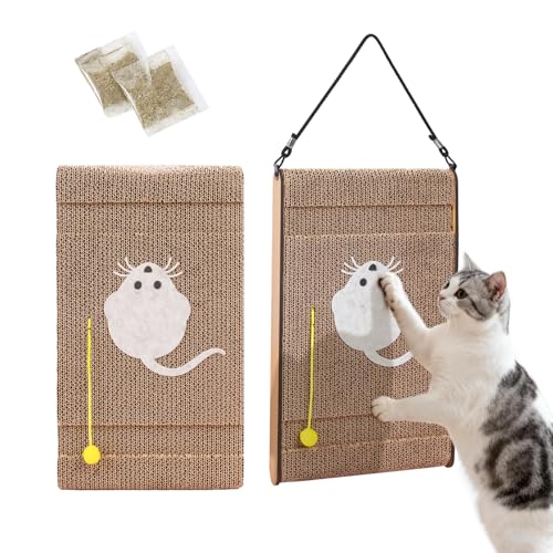 FOR-HI Cat Scratching Board. Cat Scratcher for Indoor Cats with Catnip. Cardboard Cat Scratcher with Mouse Logo and Hanging Ball Toy. Cat Scratch pad with Double-Sided Usability (Pack of 2)