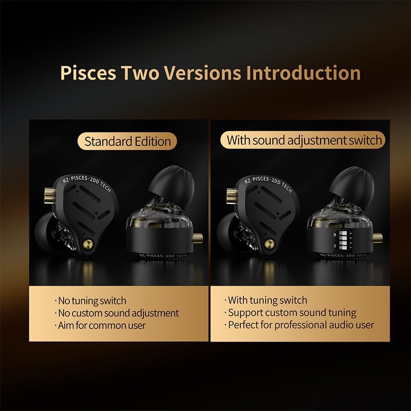KZ Pisces Dual Dynamic Drivers IEM with Tuning Switch, Hi-Fi Wired Earbuds - Detachable Silver-Plated Recessed 2-Pin Cable for Audiophiles (Tuning, 3.5mm No Mic)
