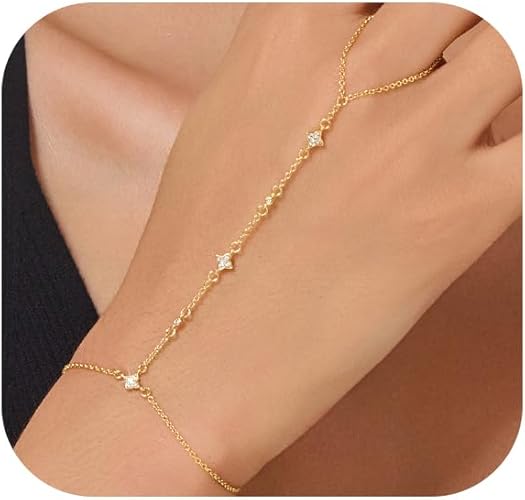 Gold Bracelets for Women 14K Gold Plated Hand Chain Bracelet Dainty Trendy Ring Chain Bracelet Charm Link Adjustable Cubic Zirconia Hand Bracelets Jewelry Gifts for Women