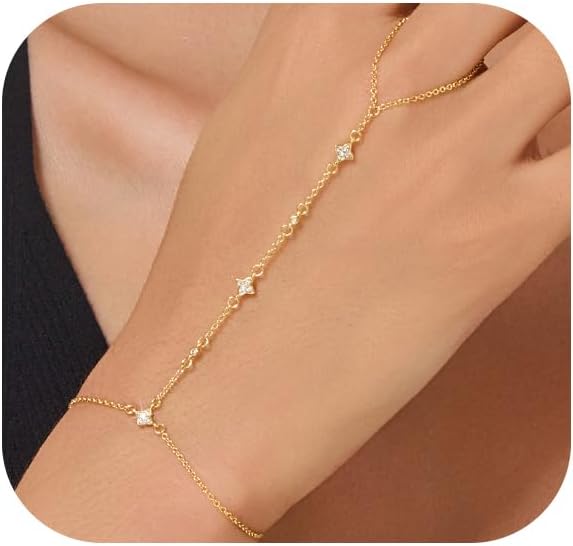 Gold Bracelets for Women 14K Gold Plated Hand Chain Bracelet Dainty Trendy Ring Chain Bracelet Charm Link Adjustable Cubic Zirconia Hand Bracelets Jewelry Gifts for Women