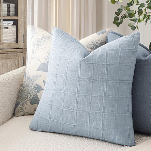 Image of Foindtower Set of 1 Decorative Linen Check Throw Pillow Cover Neutral Farmhouse Vintage Cushion Cover Modern Boho Accent Home Decor for Sofa Chair Couch Bedroom Living Room,20x20 Inch,Sky Blue