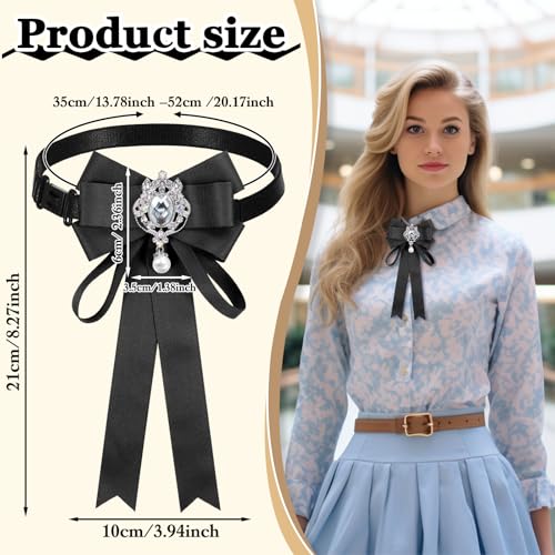 Bowknot Rhinestone Ribbon Bow Brooch, Adjustable Pre-Tied Bow Tie Solid Color Ribbon Bowtie for Women Wedding Party Christmas Gifts2