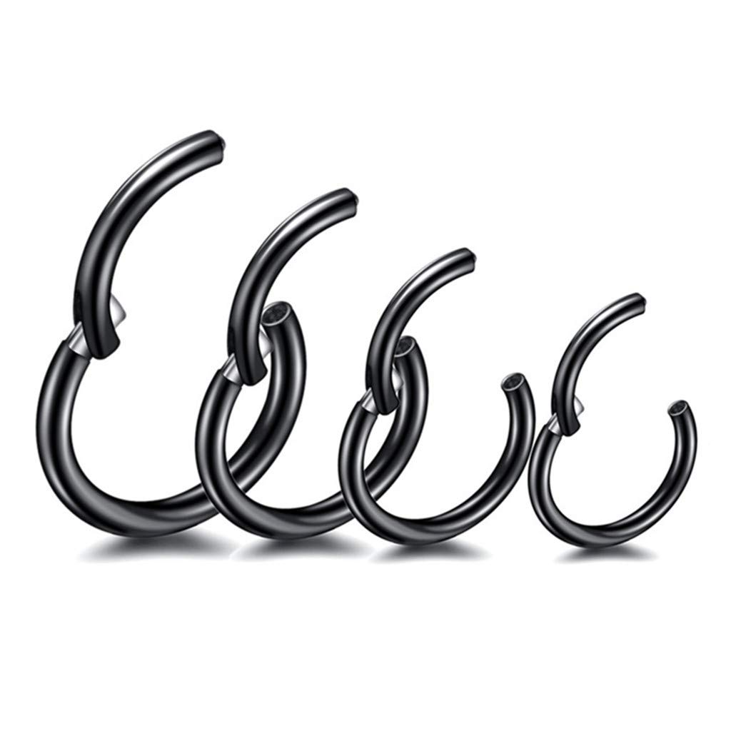 Haosell 4 unidades 6/8/10/12 mm 16 G acero inoxidable anillo negro mujer hombre septum clicker anillo nariz set oreja labios labio cartílago aro aro para hombres mujeres, Acero inoxidable