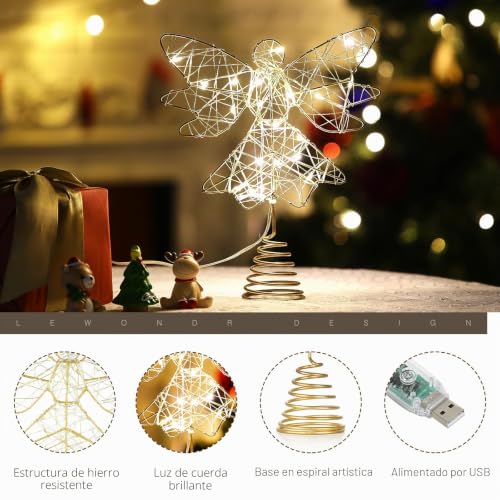 Copa del árbol de Navidad de ángel dorado Lewondr de 25CM con iluminación sofisticada 7