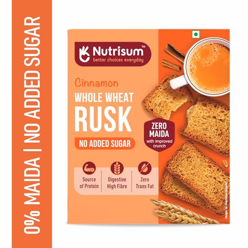 Image of Nutrisum Premium Whole Wheat Rusk Cinnamon Flavour, High Fiber, Refined Sugar Free, Tea Toasts 180 gms (Pack of 2)