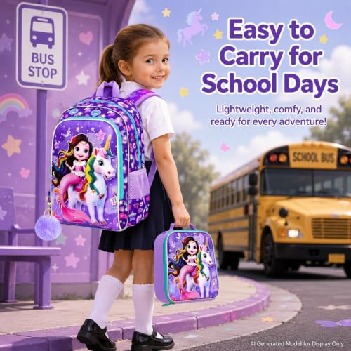 Image of 16 inch Mermaid Backpack for Girls, 3Pcs Unicorn Kids Bookbag with Lunch Box,School Backpacks for Elementary Preschool Kindergarten (Purple)