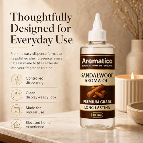 Image of AROMATICO Pure Sandalwood Aroma Diffuser Oil | Long-Lasting Fragrance Oil for Homes, Offices & Showrooms. Ideal Aromatherapy for Diffusers, Reed Diffusers, Air-Purifiers & Candles 100 ml