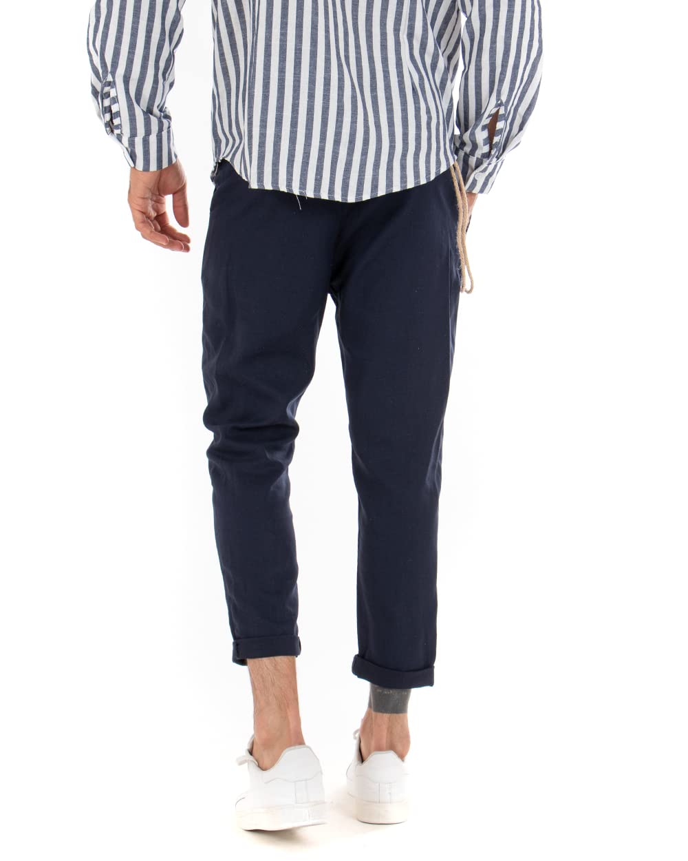 Giosal- Pantalone Elegante Uomo di Lino Tinta Unita con Catena,Modello Tasca America Vari Colori