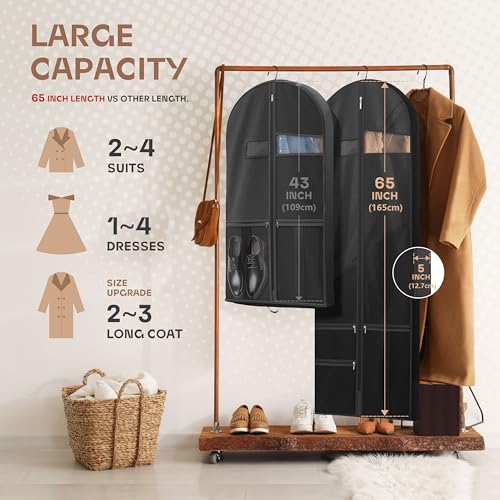 Image of Lazebox 65 inch Travel Garment Bag with Accessories Zipper Pocket, Heavy Duty Suit Bag for Suits, Tuxedos, Dresses, Coats, Black, 2 packs