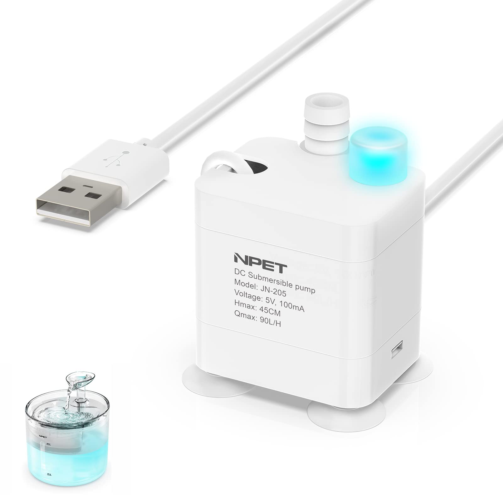 NPET Cat Water Fountain Replacement Pump with Light Compatible with WF100 Cat Fountain