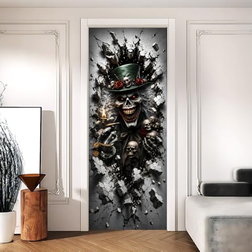 Image of 3D Skull Top Hat Door Mural Peel and Stick Gothic Halloween Cover