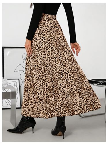 SweatyRocks Women's Leopard Print Pleated Skirt Elastic High Waisted Flowy Maxi Skirts2
