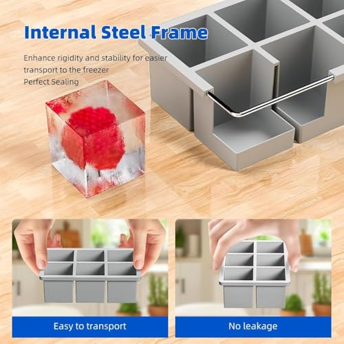 Image of Ice Cube Molds with Lid,Big Silicone Ice Cube Tray for Whiskey,2Inch Square Ice Cube Tray,Easy-Release Ice Mold,Giant Ice Cubes for Bourbon Cocktail (3, Grey)