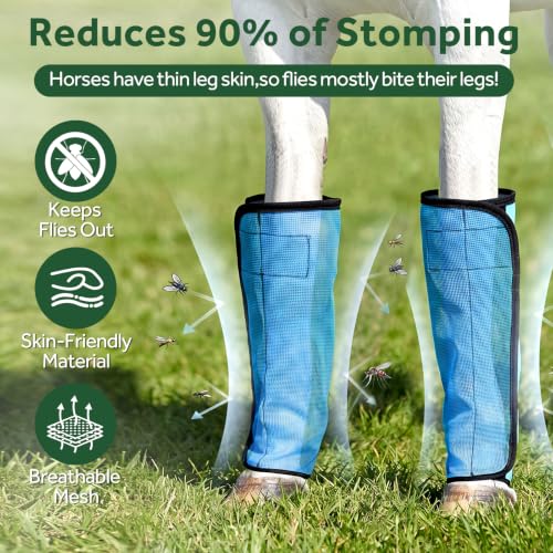 Image of Fly Boots for Horses - 4 Pack Horse Breathable Mesh with UV-Protection Leggings Boot, Reduces Stomping & Anti-Sag Stays for Medium Large Size Equine Leg Protectors(Blue)